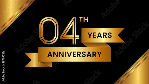4th Anniversary. Anniversary template design with number and golden ribbon. Logo Vector Template