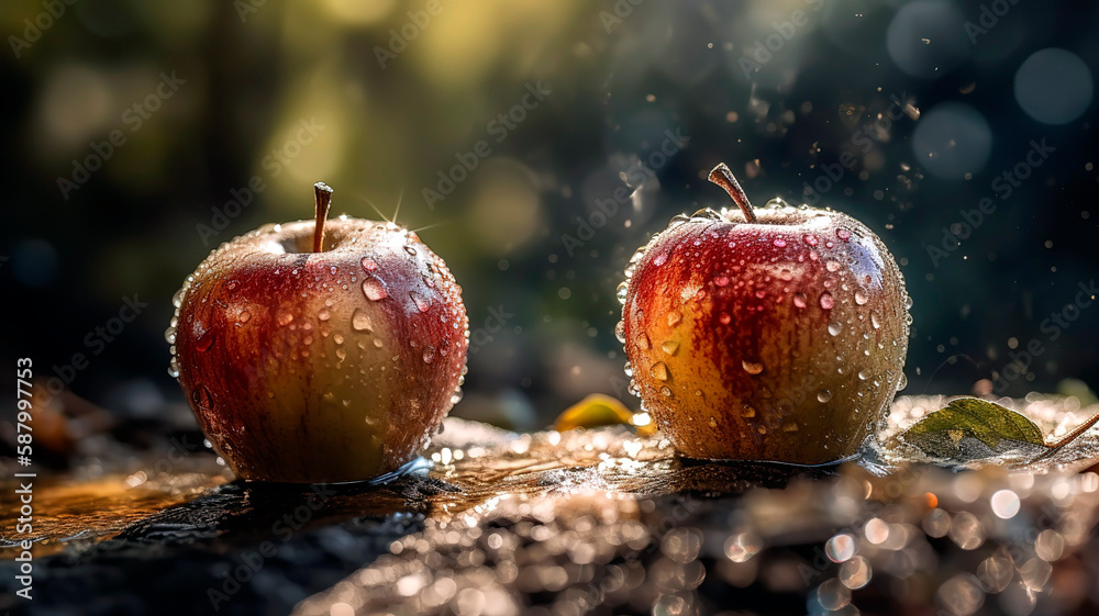 Apples with dew and water splash on the forest floor when it rains. Apples in a Forest Oasis Apples with dew and water splash on the forest floor when it rains. Apples in a Forest Oasis