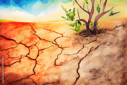 drought cracked landscape, dead land due to water shortage. Generative Ai