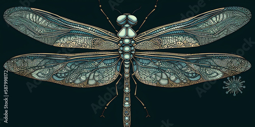 A sleek dragonfly with a long, slender body and beautiful, patterned wings takes flight, darting and gliding through the air. Generative AI.