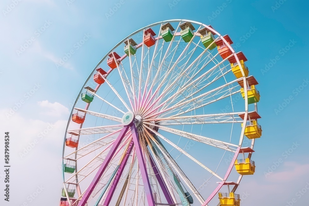 Fototapeta premium Colorful ferris wheel at the amusement park. Ferris wheel in the park on blue sky background. Summer holiday. Generative AI