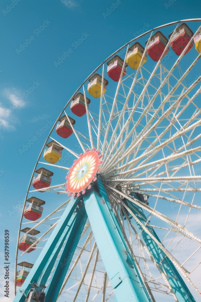 Colorful ferris wheel at the amusement park. Ferris wheel in the park on blue sky background. Summer holiday. Generative AI