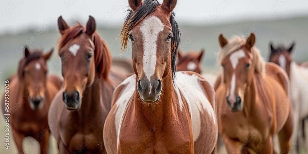 Wide web banner with herd of wild running horses in the fields. Panoramic view of beautiful galloping mustangs. Equestrian illustration. Generated with AI.