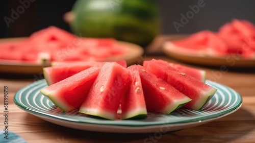 Fresh ripe sliced watermelon on plate. Summer background with copy space. Generated with AI.