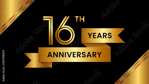 16th Anniversary. Anniversary template design with number and golden ribbon. Logo Vector Template photo
