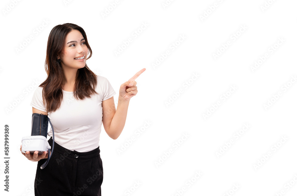 High blood pressure or low blood pressure Health Care medical care concept Young lady holding Blood pressure Monitors She take blood pressure Looking pointing up to copy space isolated on white High blood pressure or low blood pressure Health Care medical care concept Young lady holding Blood pressure Monitors She take blood pressure Looking pointing up to copy space isolated on white