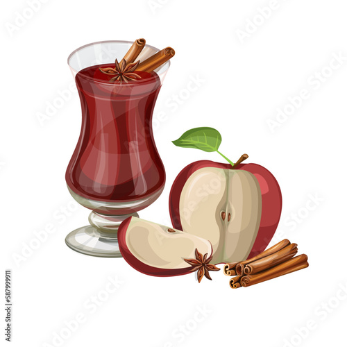 Vector red apple with a glass of mulled wine cinnamon and bayan, a collection of cut still lifes, a sliced natural apple with a green leaf and a stem on a white background. Cartoon style.eps 10
