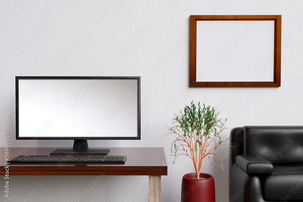 Minimal modern workspace With desktop computer screen, blank screen with copy space and white wall background, workplace concept. 3D rendering Minimal modern workspace With desktop computer screen, blank screen with copy space and white wall background, workplace concept. 3D rendering