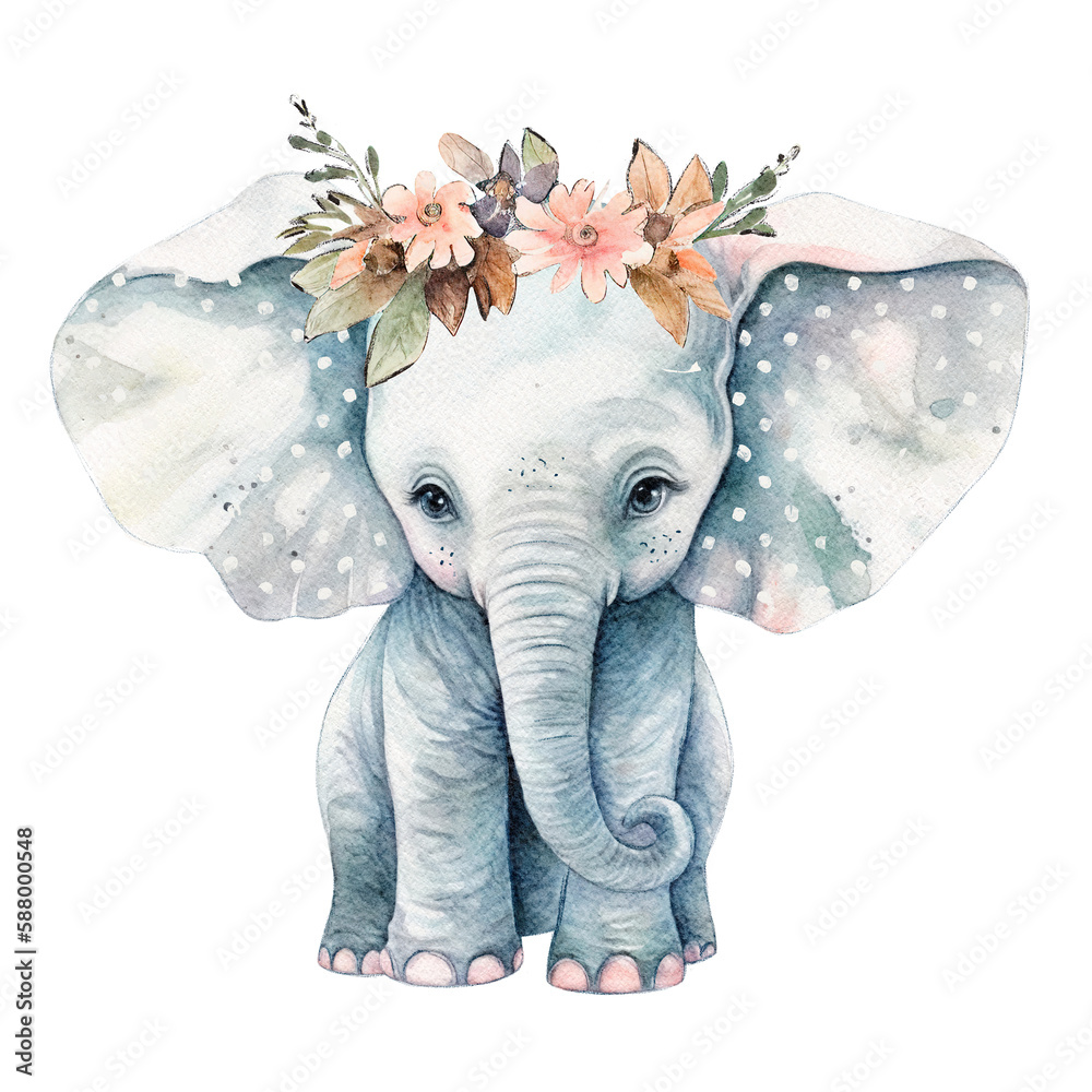 Watercolor cute cartoon elephant .Baby animal character Isolated on a white background.