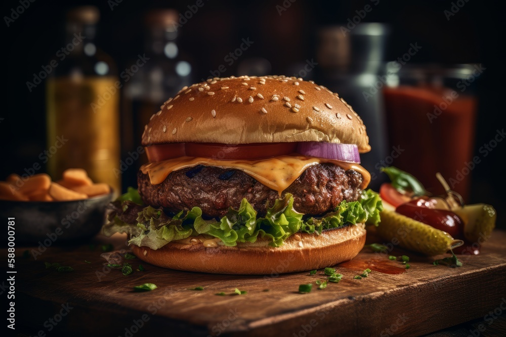 A juicy burger in American cafe