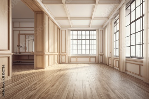 Illustration of an Empty Room with Wooden Floors and Windows. Generative AI