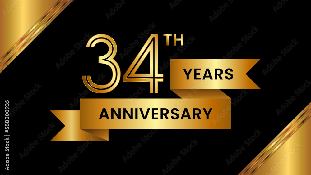 34th Anniversary. Anniversary template design with number and golden ribbon. Logo Vector Template