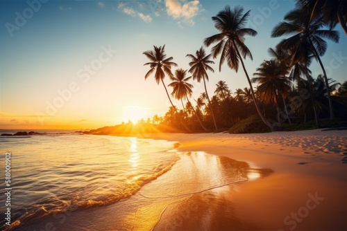 A serene beach with crystal-clear water, palm trees, and a beautiful sunset in the background Generative AI