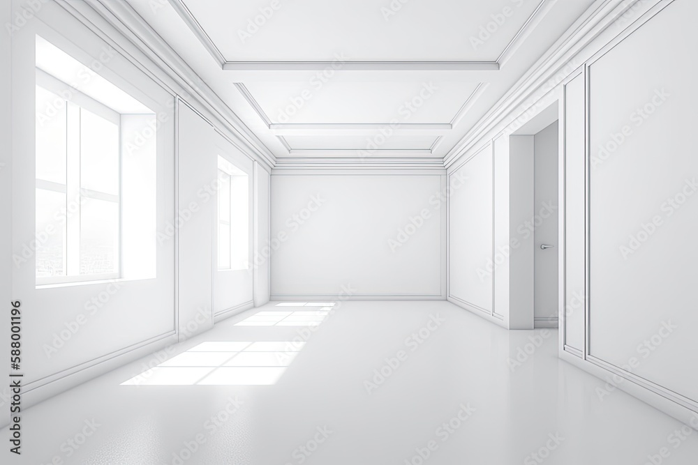 Illustration of an empty white room with natural light coming from windows and a door. Generative AI Illustration of an empty white room with natural light coming from windows and a door. Generative AI