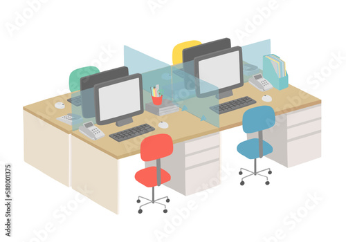 オフィスの机 島型レイアウトの手描きイラスト（カラー/輪郭線なし）