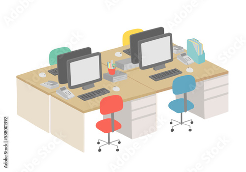 オフィスの机 島型レイアウトの手描きイラスト（カラー/輪郭線なし）