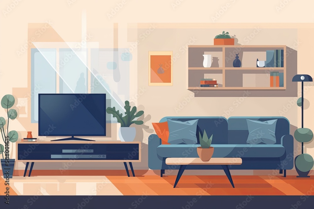 Naklejka premium modern living room with a blue couch and a flat screen tv. Generative AI
