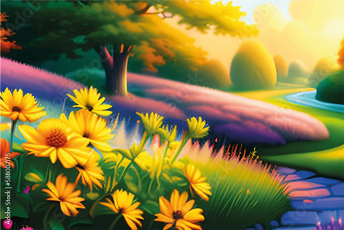 Sunset in the forest with colorful flowers, generative ai