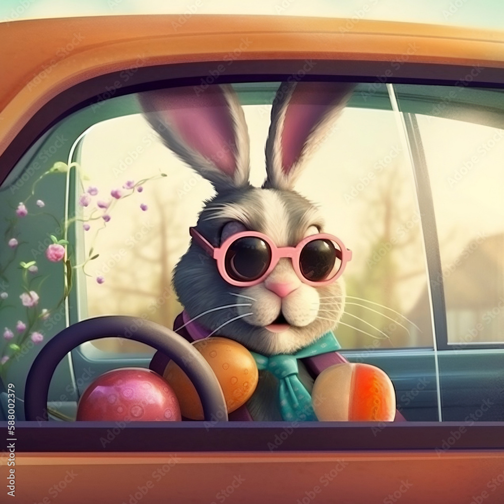 Cute Easter Bunny with sunglasses in a car,easter eggs.
Created using generative AI.