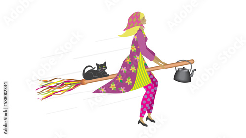 Easter witch, in Swedish called Påskkärring (Sweden),  flying on traditional broom with coffee kettle and black cat. Isolated Vector illustration.
