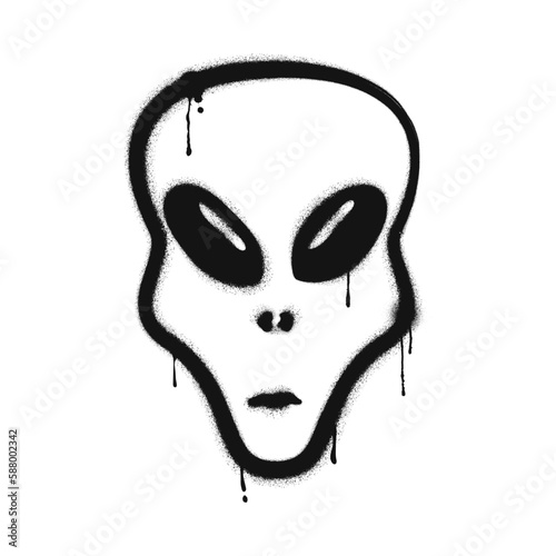 Graffiti drawing of alien. Painted graffiti spray pattern of space alien head. Spray paint street art style illustration. Vector.
