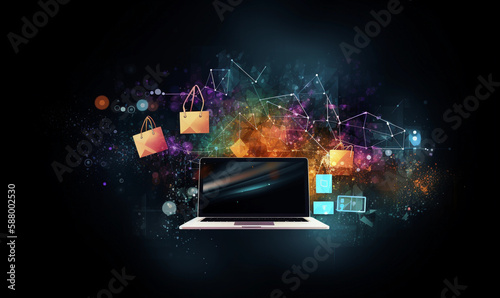 Abstract display of e-ecommerce, shopping cart, ebusiness, laptop colourful, shopping, virtual transaction photo