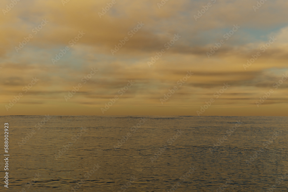 夕暮れの海と雲の多い空の3Dイラスト