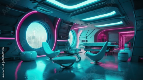 Step into the Future: Turquoise Blue and Bright Pink Interior with Shiny Walls and Bionic Touch, Award-Winning 8K HD Design Stylized to Perfectio, Generative AI photo