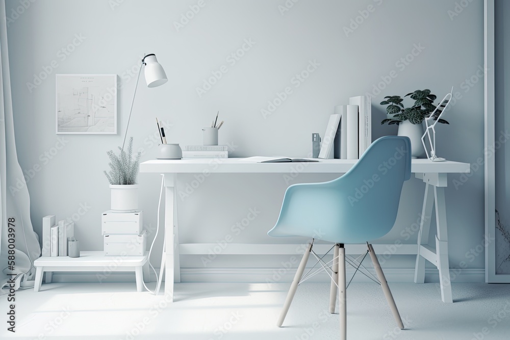 minimalist workspace with a blue chair and white desk. Generative AI minimalist workspace with a blue chair and white desk. Generative AI