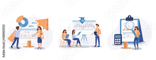 Master of Science in finance isolated cartoon vector illustrations set. Group of diverse people making business plan together, budget planning, study investment banking, management vector cartoon. © makyzz