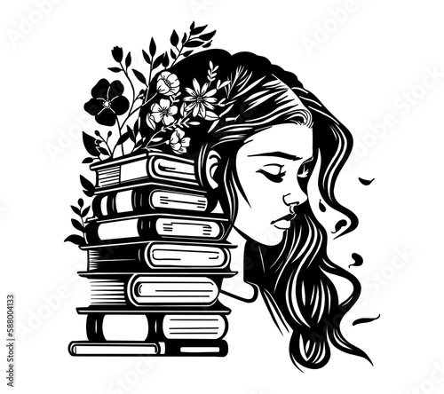 Woman with pile of books. Distance studying, earning and self education concept. Vector illustration. Book lover. Reading concept.