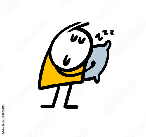 Funny cartoon stickman put his head on the pillow, sleeps and has wonderful dreams.