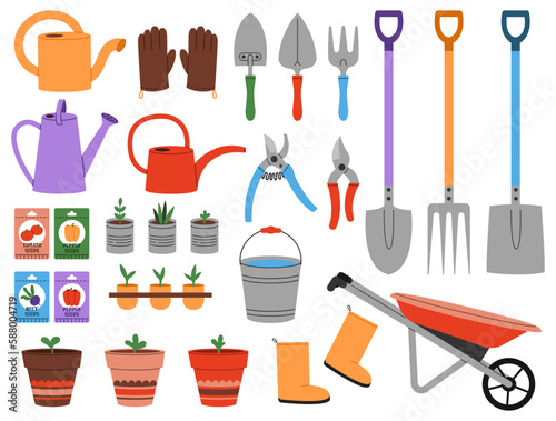 Big collection of garden tools isolated on white background. Watering can, seeds, pots, shovel, pitchfork, gloves, wheelbarrow and other. Concept of spring work.