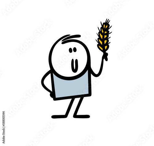 Stickman agronomist proudly holds an ear of wheat harvest in his hand.