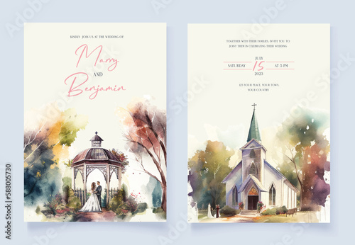 Wedding invitation of nature landscape with beautiful wedding gate view watercolor