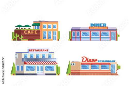 Vector element of cafe and restaurant, fast food restaurant and retro diner canteen flat design style for city illustration
