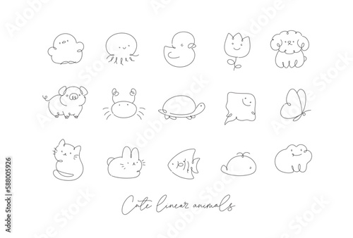 Cute animals drawing in line art style on white background