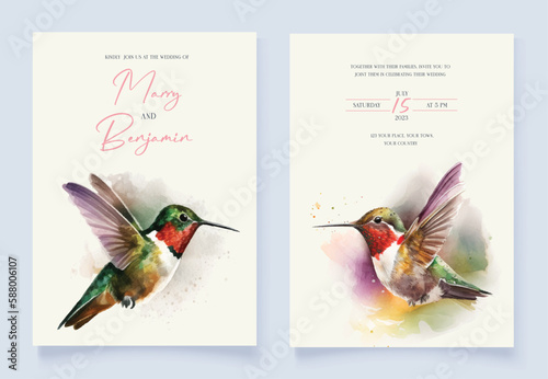 Watercolor wedding invitation with ruby-throated hummingbirds