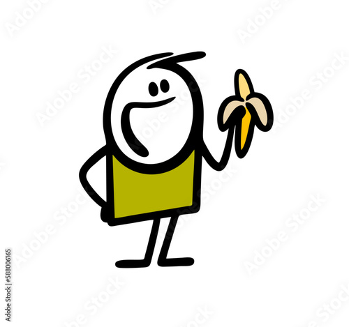 Happy child holds exotic fruit banana and going to eat it.