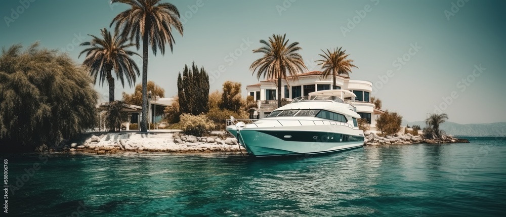 Obraz premium Luxury Yacht near a Private Island with Palms