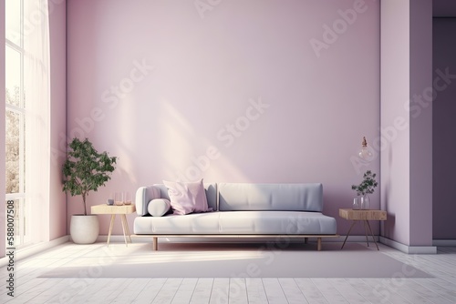 modern living room with a white couch and a pink accent wall. Generative AI