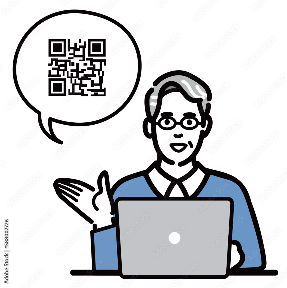 ラップトップの前に座ってQRコードの説明をしているメガネをかけたシニア男性
