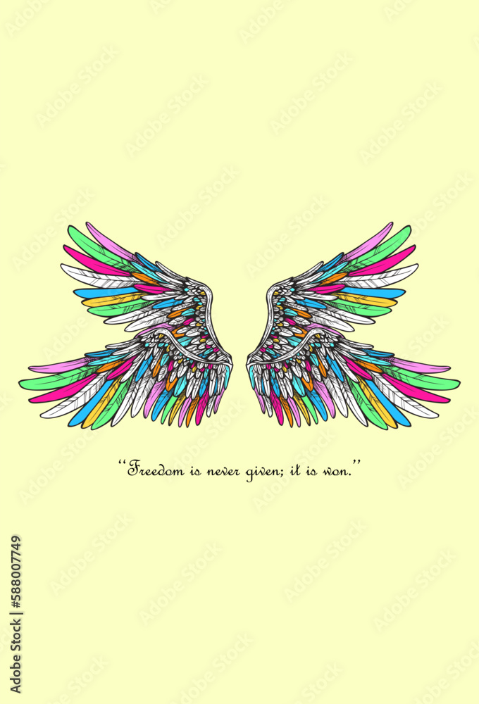 Patterned color angle bird wings for design of a t-shirt, bag, postcard, a poster and so on.