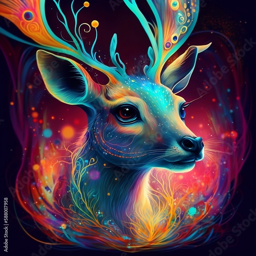 Reindeer, buck, spiritual, magical, beautiful, animal, colourful, created using generative ai
