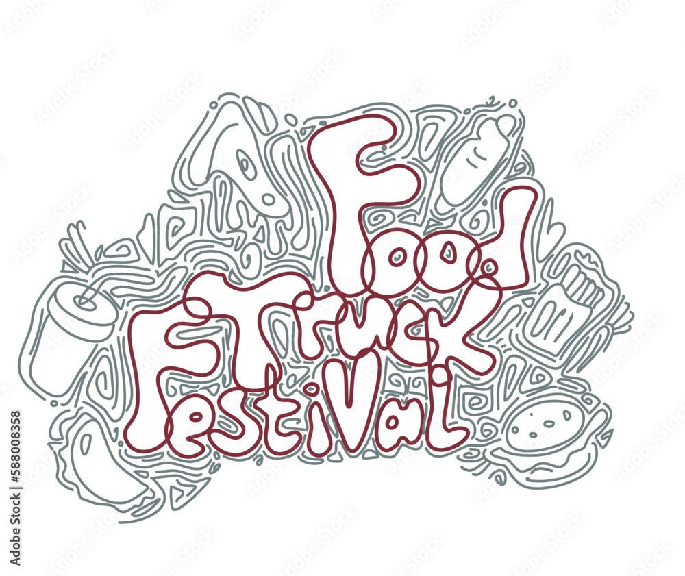 Food truck Festival. Emblem with text food truck festival menu, street food template design. sketch party invitation with hand-drawn graphics. Vector food menu flyer.