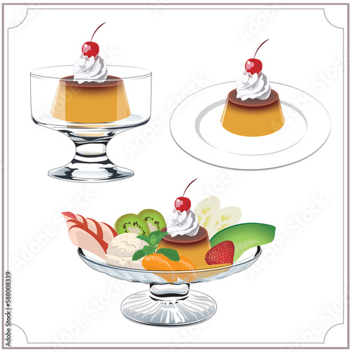 プリンのイラスト３種類セット　プリンアラモード