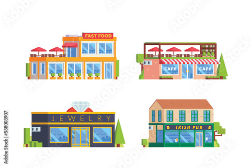 Fototapeta Naklejka Na Ścianę i Meble -  Vector element of cafe and restaurant, fast food restaurant, jewelry store and pub building flat design style for city illustration