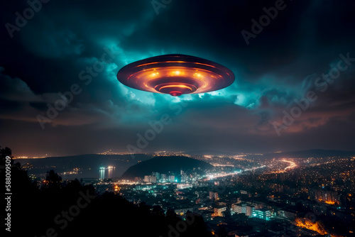 Colorful flying saucer over city at night by generative AI