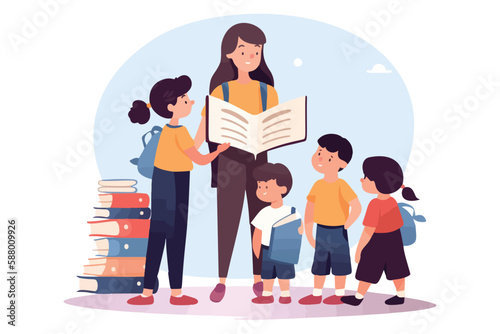 A cartoon vector illustration showing a teacher reading an educational book to a group of young children in a preschool classroom. The concept is focused on teaching children and preschool education