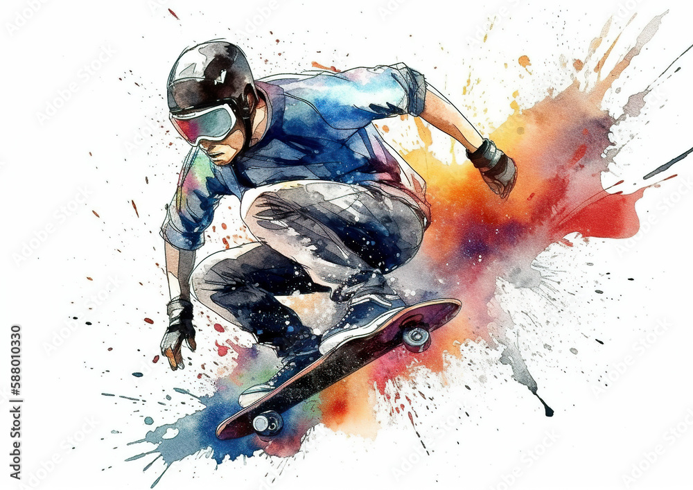 Watercolor abstract representation of skateboarding. Skateboarding players in action during colorful paint splash, isolated on white background. AI generated illustration.